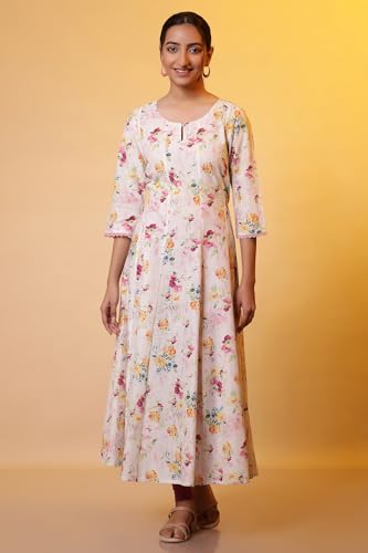 Aurelia Women?? Floral Printed Lace Flared Pure Cotton Kurta | Lightweight Round Neck Kurta For Women Cotton | Floral Printed Kurta For Women | Soft & Breathable Regular Fit Kurta For Women