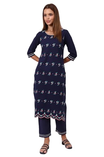 Aurelia Womens Navy Blue Embroidered Pure Cotton Straight Kurta and Palazzo Co-ord Set (Size: S)-AS16065-E608559