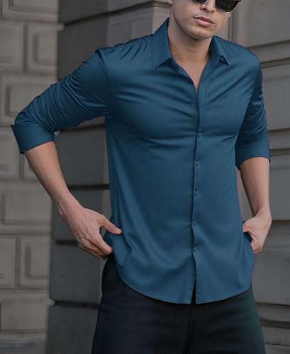 Indoprimo MenS Casual Button Down Long Sleeve Satin Plain Shirt