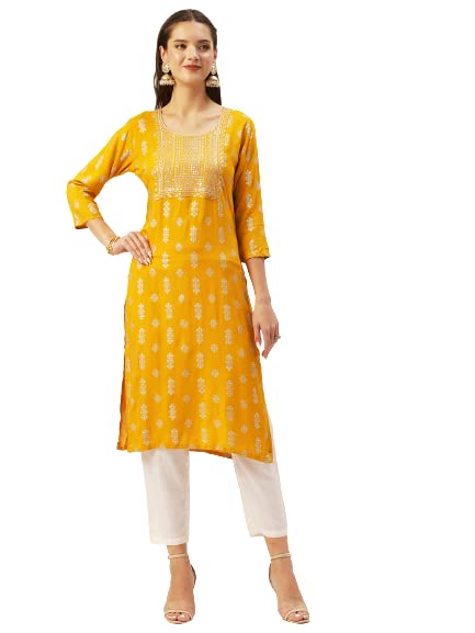 Anubhutee Women'S Rayon Mustard Yellow Sequinned Embellished Embroidered Straight Kurta