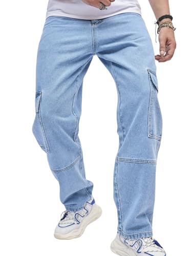 GRECIILOOKS Regular Cargo Pant Baggy Loose Fit | Cotton Jeans for Men (GL-MJ-01_Blue_28)