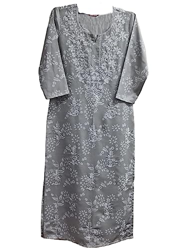 Gosriki Women'S Cotton Blend Straight Chikankari Embroidered Kurta (Sutlej-Grey-Nw-Gs_Xxl_Grey_Xx-Large)