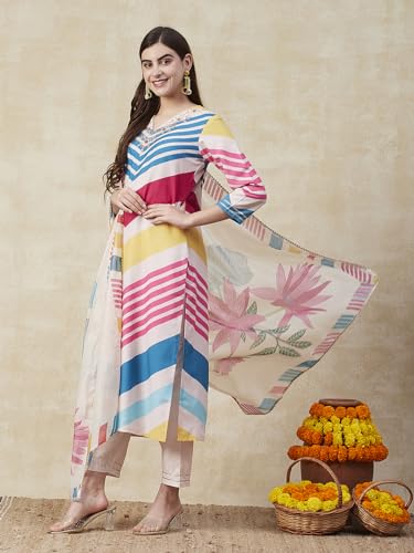 ANNI DESIGNER Womens Cotton Blend Straight Printed Kurta with Pant & Dupatta (Dhimi Pink-NRE_M_Pink_Medium)