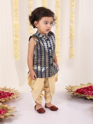 Jbn Creation Infant Boys Navy Blue And Gold Silk Blend Kurta And Dhoti Set