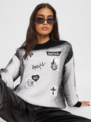 The Souled Store Knitted Sweater: Fallen Angel Women and Girls Oversized Sweater White