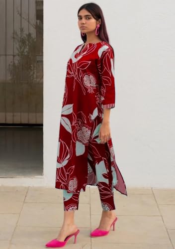 ANNI DESIGNER Womens Cotton Blend Straight Printed Kurta with Pant (ANAAR-Red_S_Red_Small)