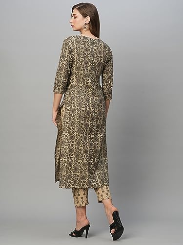 ANNI DESIGNER Womens Cotton Blend Straight Printed Kurta with Pant Set (Bhati-Beige_XL_Beige_X-Large)