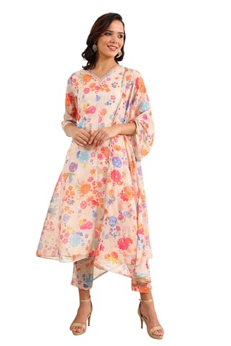 W For Woman Cream Floral Printed Sequined Kota Flared Kurta, Pants And Dupatta Set_24Auws11561-124165_2Xl