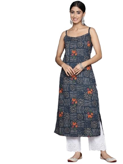 Varanga Women Navy Blue Bandhani Printed Round Neck Strap Style Kurta
