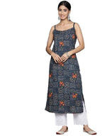 Varanga Women Navy Blue Bandhani Printed Round Neck Strap Style Kurta