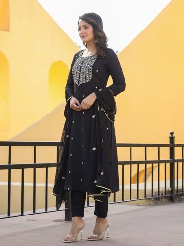 ANNI DESIGNER Womens Rayon Blend Embroidered Straight Kurta with Pant & Dupatta (Kasturi Black_XXL_Black_XX-Large)