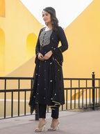 ANNI DESIGNER Womens Rayon Blend Embroidered Straight Kurta with Pant & Dupatta (Kasturi Black_XL_Black_X-Large)