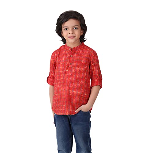 Fabindia Kids Chinese Collar Short Kurta Cotton_2-3Y Red