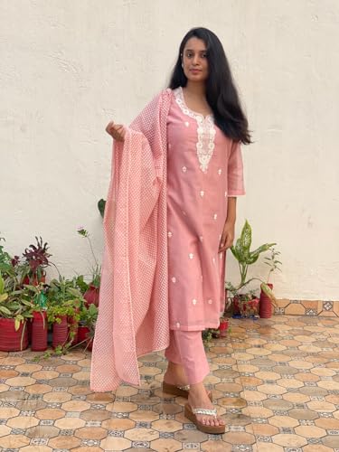 ANNI DESIGNER Womens Cotton Blend Straight Embroidered Kurta with Pant & Dupatta (YEAREND Pink_S_Pink_Small)