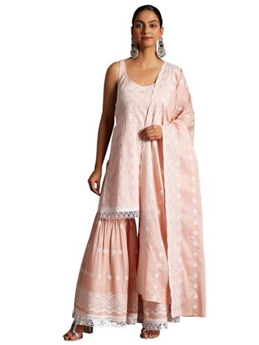Libas Womens Embroidered Cotton Straight Kurta With Sharara And Dupatta