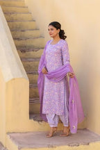 ANNI DESIGNER Womens Rayon Blend Printed Straight Kurta with Pant & Dupatta (WELCO-Purple-NW_5XL_Purple_XXXXX-Large)