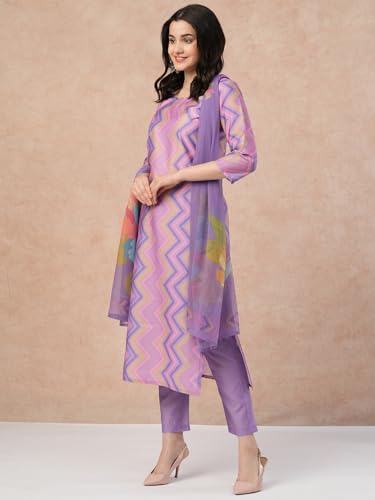 ANNI DESIGNER Womens Rayon Blend Straight Printed Kurta with Pant & Dupatta (Zaggu Purple_S_Purple_Small)