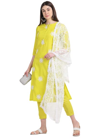 ANNI DESIGNER Women's Cotton Blend Kurti with Pant & Dupatta (Clear, Medium)
