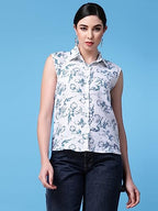OOMPH! Summer Shirts for Women, Floral Printed, White, Blue