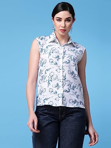 OOMPH! Summer Shirts for Women, Floral Printed, White, Blue