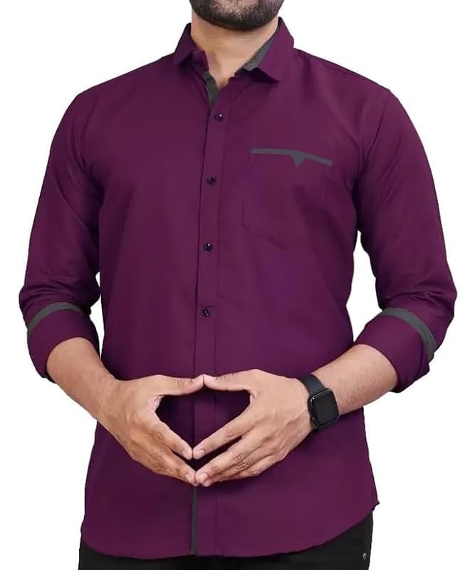 Tee Projekt Mens Regular Fit Solid Soft Touch Cotton Casual Shirt with Pocket Design with Spread Collar & Full Sleeves. Purple