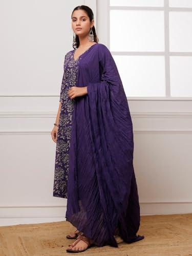 ANNI DESIGNER Womens Cotton Blend Anarkali Printed Kurta with Pant & Dupatta (DABU VIOLET_L_Violet_Large)