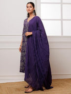 ANNI DESIGNER Womens Cotton Blend Anarkali Printed Kurta with Pant & Dupatta (DABU VIOLET_L_Violet_Large)