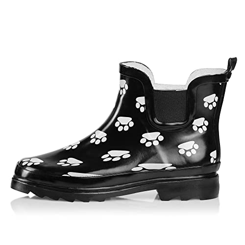 NORTY - Womens Ankle Rain Boots - Ladies Waterproof Winter Spring Garden Boot Paw Black White Size 6