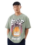 The Souled Store Official Garfield: Smile Men And Boys Short Sleeve Green Cotton Oversize Fit T-Shirt