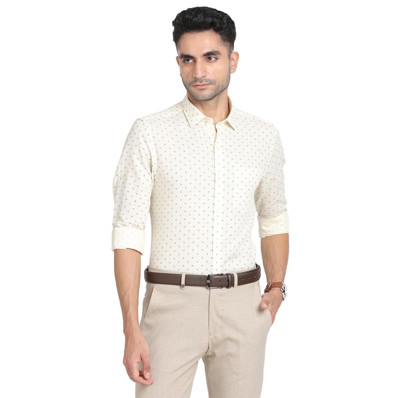 Turtle Men Cotton Linen Beige Printed Slim Fit Full Sleeve Formal Shirt