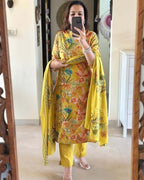 ANNI DESIGNER Womens Rayon Blend Printed Straight Kurta with Pant & Dupatta (Pubani Mustard_L_Mustard_Large)