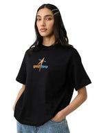 The Souled Store ISRO: Logo Women and Girls Short Sleeve Round Neck Black Embroidered Cotton Oversized T-Shirts