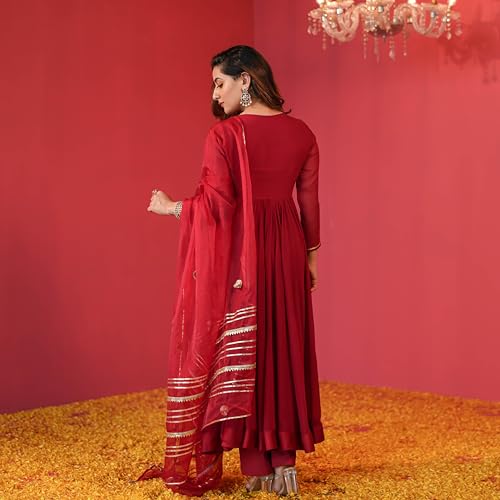 ANNI DESIGNER Womens Rayon Blend Anarkali Solid Kurta with Pant & Dupatta (JAYNTI RED_XL_Red_X-Large)