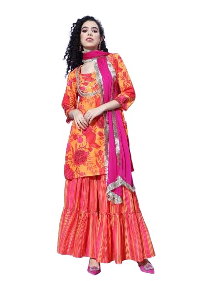 Varanga Women Yellow Abstract Printed Straight Kurta Paired With Sharara And Dupatta