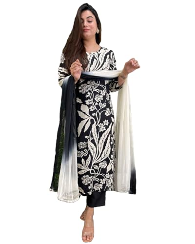 ANNI DESIGNER Womens Cotton Blend Printed Straight Kurta with Pant & Dupatta (Jasper Black_XXL_Black_XX-Large)