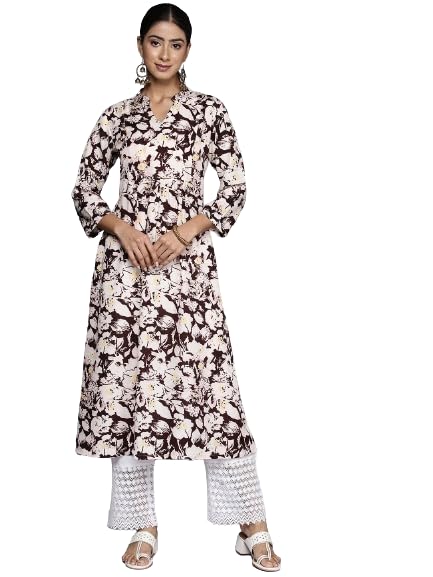 Varanga Brown Floral Printed Mandarin Collar With Slit, Three Quarter Sleeves, Empire Line Gather Detail A-Line Kurta With Side 
