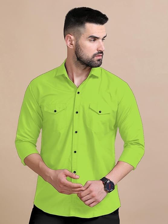 Rebelify MenS Double Pocket Shirt  Classic Casual Cotton Blend With Adjustable Cuffs Pista
