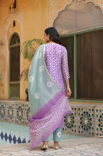 ANNI DESIGNER Womens Cotton Blend Straight Printed Kurta with Pant & Dupatta (Gupta Purple_S_Purple_Small)
