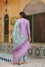 ANNI DESIGNER Womens Cotton Blend Straight Printed Kurta with Pant & Dupatta (Gupta Purple_S_Purple_Small)