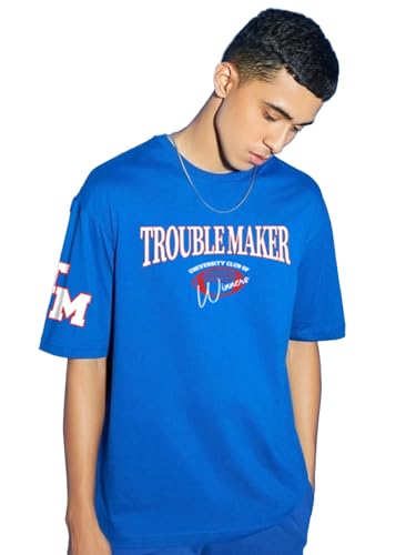 Bewakoof MenS Typography Print Oversized Fit Half Sleeve Round Neck Cotton Plus Size T-Shirt_677472_Blue_4Xl