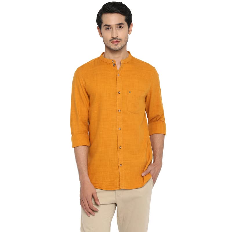 Turtle Men Cotton Mustard Yellow Solid Slim Fit Shirts