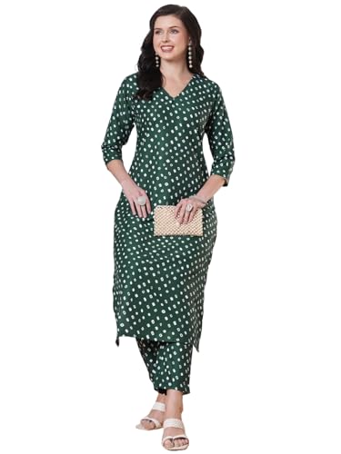ANNI DESIGNER Womens Rayon Viscose Straight Bandhani Printed Kurta with Pant (PRANTIKA GREEN-VKS01_S_Green_Small)