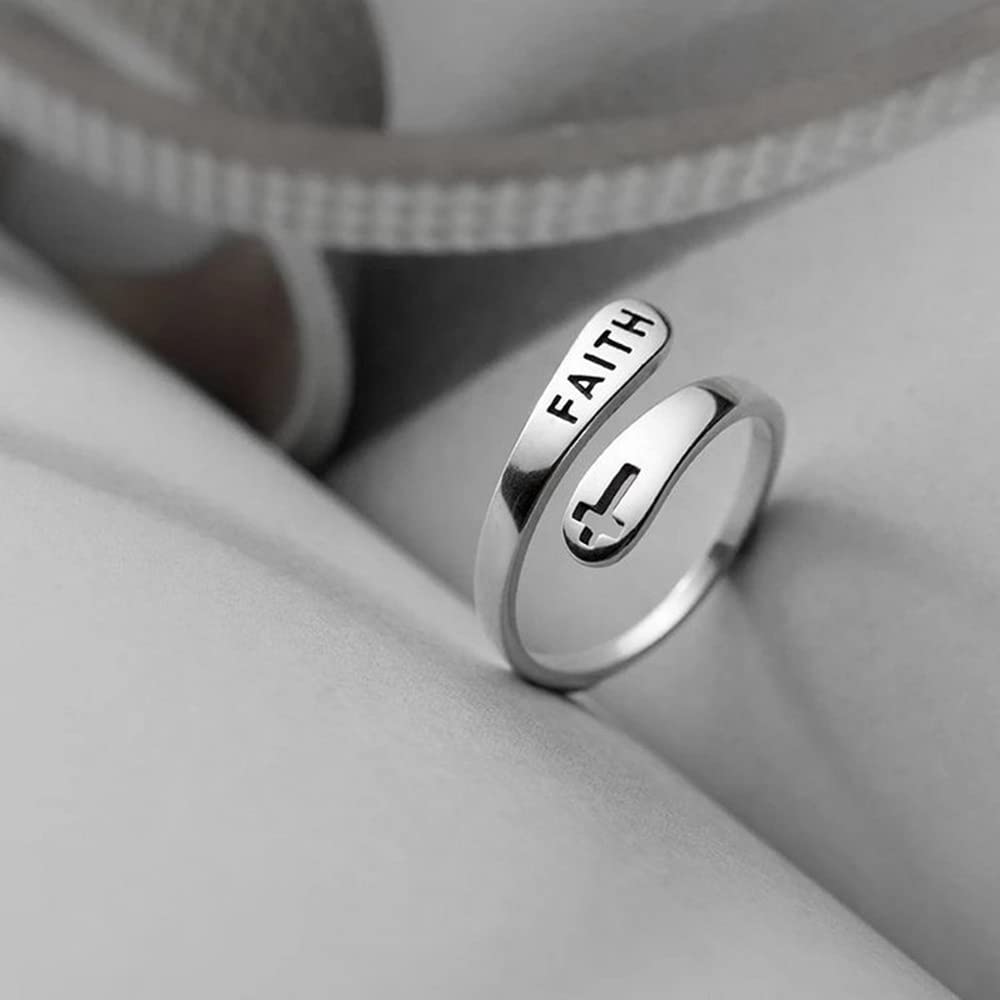 Faith Cross Sterling Silver Open Statement Rings Adjustable Minimalist Hope Love Eternity Wedding Band Promise Ring Wrap Finger