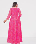 Anveri Textiles WomenS Georgette Fancy Bandhani Printed Gown Kurti With Round Neck 3/4 Sleeves Fit Flared Ankle Length | Maxi D