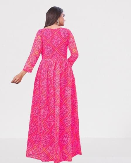 Anveri Textiles WomenS Georgette Fancy Bandhani Printed Gown Kurti With Round Neck 3/4 Sleeves Fit Flared Ankle Length | Maxi D