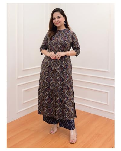 ANNI DESIGNER Womens Cotton Blend Printed Straight Kurta with Palazzo (ABP-Clrs_Blue_X-Large)