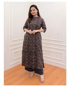 ANNI DESIGNER Womens Cotton Blend Printed Straight Fit Kurta with Palazzo (ABP-Clrs_Blue_Medium)