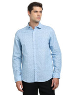Turtle Men Cotton Linen Blue Printed Slim Fit Full Sleeve Formal Shirt