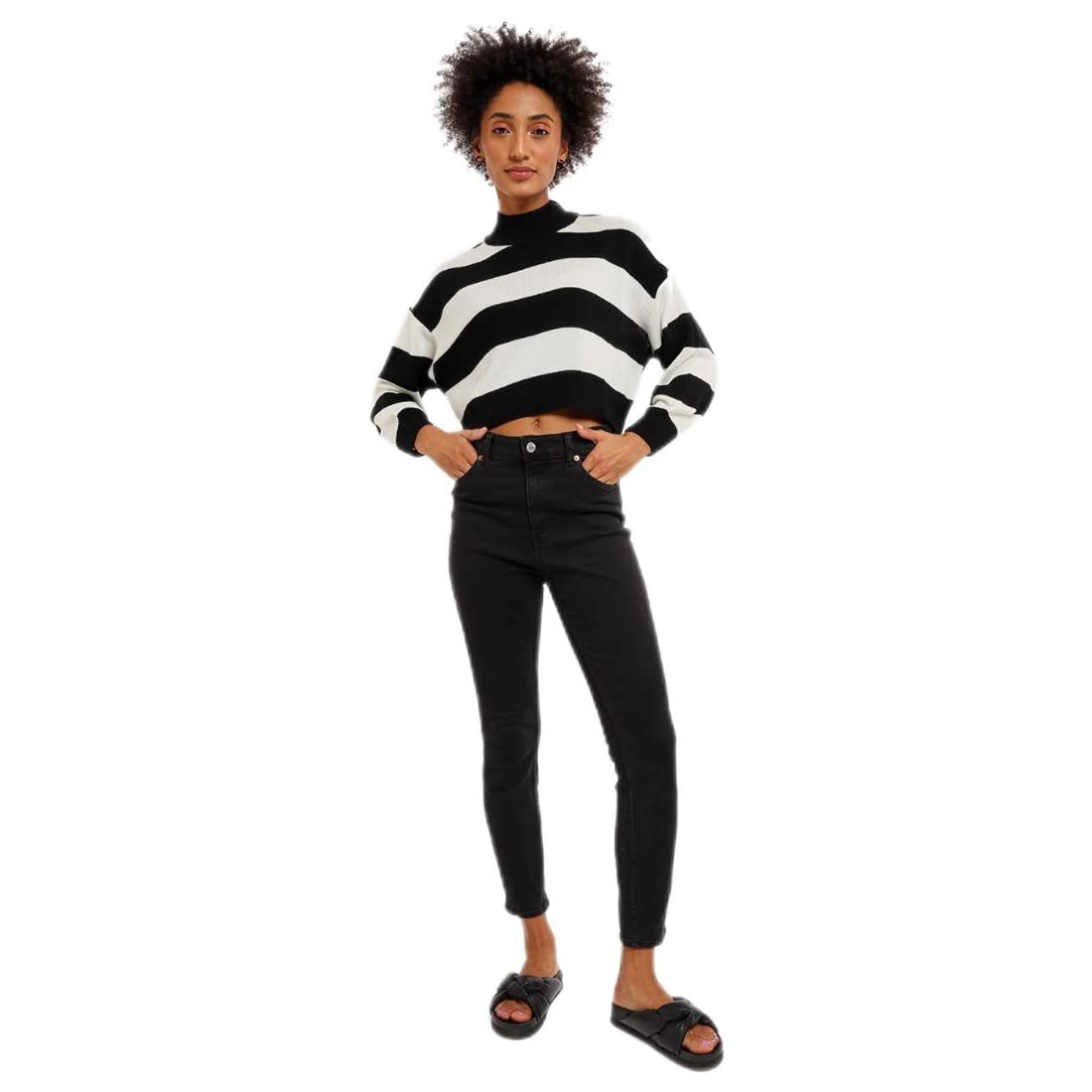 Bewakoof WomenS Striped Oversized Fit Full Sleeve Round Neck Acrylic Sweater Black