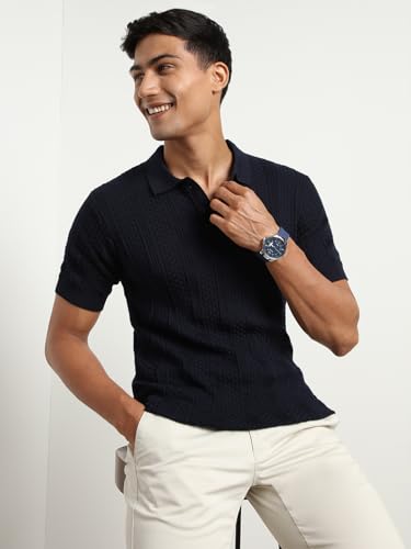 Nobero MenS Self Design Regular Fit Polo Shirt (1M-Twpo-R0015_Navy Blue
